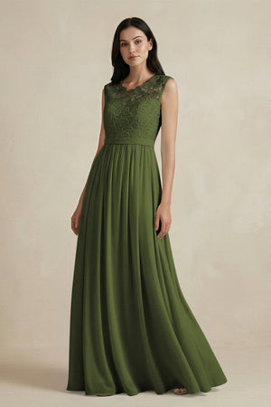 Lace Chiffon A - Line Round Neck Bridesmaid Dress in Olive - SHE IS ME Bridesmaid Dresses