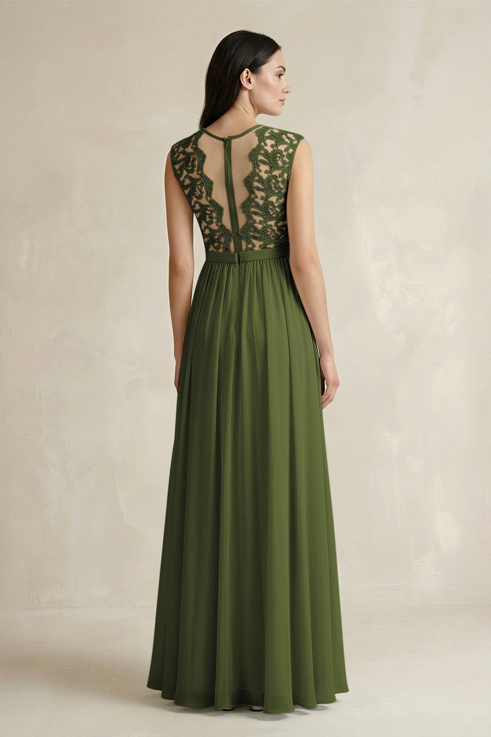 Lace Chiffon A - Line Round Neck Bridesmaid Dress in Olive - KISS BRIDAL Bridesmaid Dresses