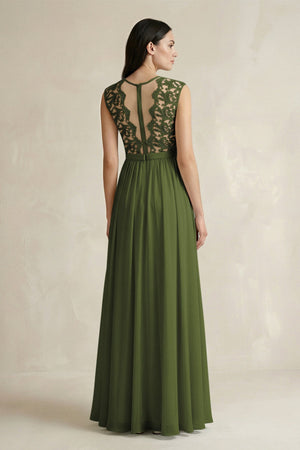 Lace Chiffon A - Line Round Neck Bridesmaid Dress in Olive - SHE IS ME Bridesmaid Dresses