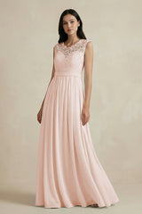 Lace Chiffon A - Line Round Neck Bridesmaid Dress in Pale Blush - KISS BRIDAL Bridesmaid Dresses