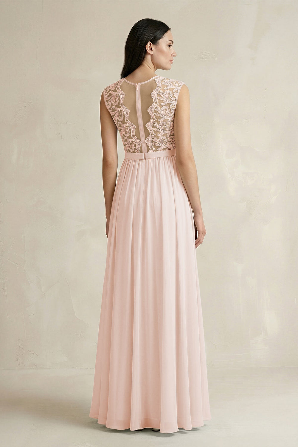 Lace Chiffon A - Line Round Neck Bridesmaid Dress in Pale Blush - KISS BRIDAL Bridesmaid Dresses