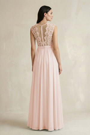 Lace Chiffon A - Line Round Neck Bridesmaid Dress in Pale Blush - SHE IS ME Bridesmaid Dresses