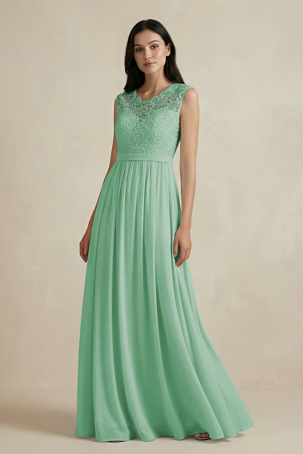 Lace Chiffon A - Line Round Neck Bridesmaid Dress in Pale Pistachio - SHE IS ME Bridesmaid Dresses