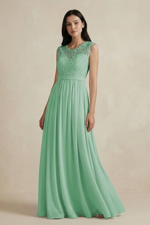 Lace Chiffon A - Line Round Neck Bridesmaid Dress in Pale Pistachio - SHE IS ME Bridesmaid Dresses