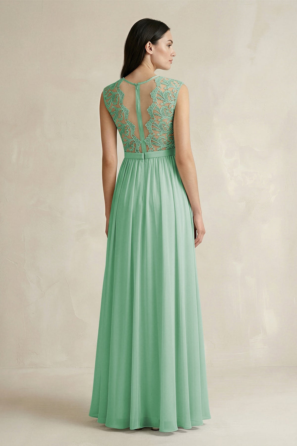 Lace Chiffon A - Line Round Neck Bridesmaid Dress in Pale Pistachio - SHE IS ME Bridesmaid Dresses