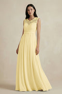 Lace Chiffon A - Line Round Neck Bridesmaid Dress in Pastel Yellow - SHE IS ME Bridesmaid Dresses