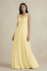 Lace Chiffon A - Line Round Neck Bridesmaid Dress in Pastel Yellow - KISS BRIDAL Bridesmaid Dresses