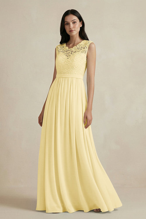 Lace Chiffon A - Line Round Neck Bridesmaid Dress in Pastel Yellow - SHE IS ME Bridesmaid Dresses
