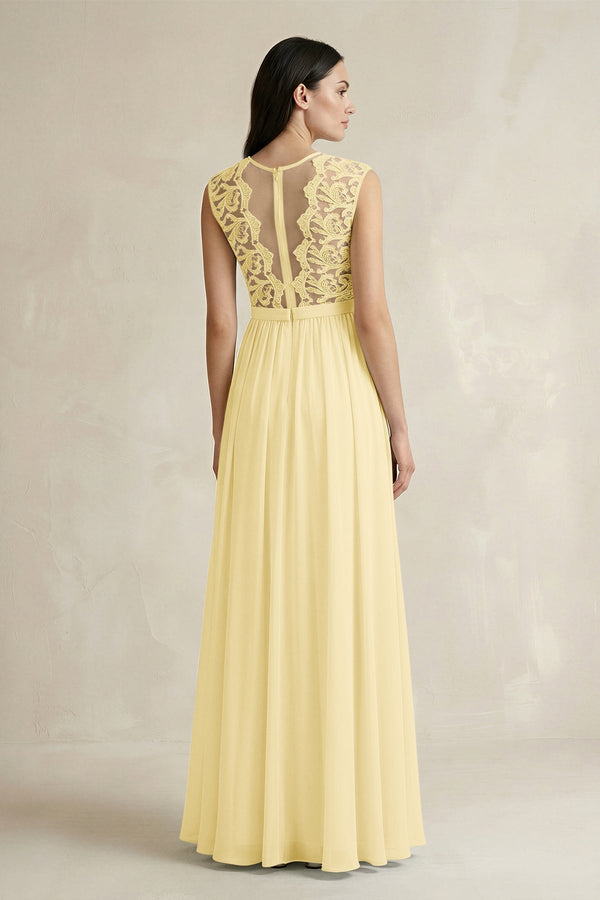 Lace Chiffon A - Line Round Neck Bridesmaid Dress in Pastel Yellow - SHE IS ME Bridesmaid Dresses