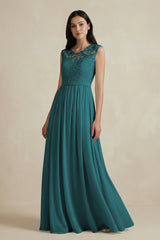 Lace Chiffon A - Line Round Neck Bridesmaid Dress in Pine - KISS BRIDAL Bridesmaid Dresses