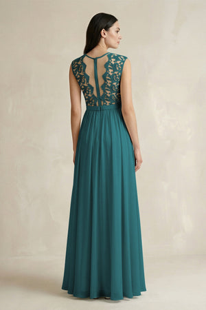 Lace Chiffon A - Line Round Neck Bridesmaid Dress in Pine - SHE IS ME Bridesmaid Dresses