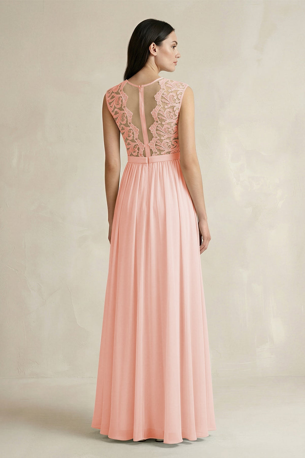 Lace Chiffon A - Line Round Neck Bridesmaid Dress in Rose Petal - KISS BRIDAL Bridesmaid Dresses