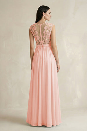 Lace Chiffon A - Line Round Neck Bridesmaid Dress in Rose Petal - SHE IS ME Bridesmaid Dresses