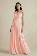 Lace Chiffon A - Line Round Neck Bridesmaid Dress in Rose Petal - SHE IS ME Bridesmaid Dresses