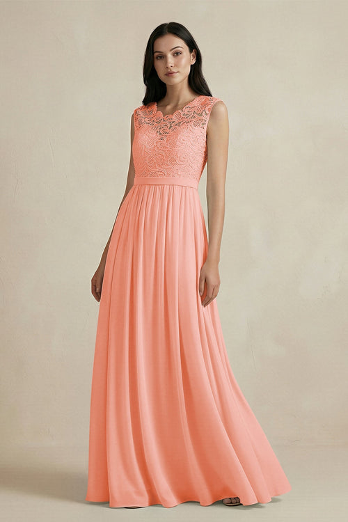 Lace Chiffon A - Line Round Neck Bridesmaid Dress in Rosette - SHE IS ME Bridesmaid Dresses