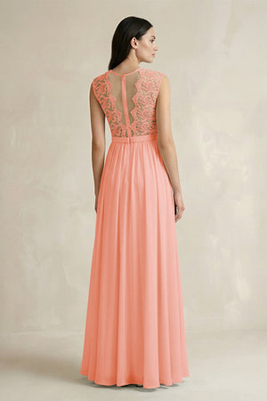 Lace Chiffon A - Line Round Neck Bridesmaid Dress in Rosette - SHE IS ME Bridesmaid Dresses