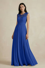 Lace Chiffon A - Line Round Neck Bridesmaid Dress in Royal Blue - KISS BRIDAL Bridesmaid Dresses
