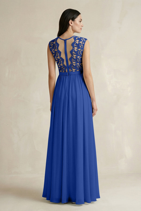 Lace Chiffon A - Line Round Neck Bridesmaid Dress in Royal Blue - SHE IS ME Bridesmaid Dresses