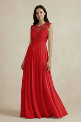 Lace Chiffon A - Line Round Neck Bridesmaid Dress in Ruby Red - KISS BRIDAL Bridesmaid Dresses