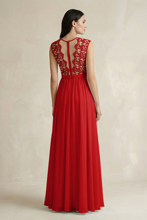 Lace Chiffon A - Line Round Neck Bridesmaid Dress in Ruby Red - SHE IS ME Bridesmaid Dresses