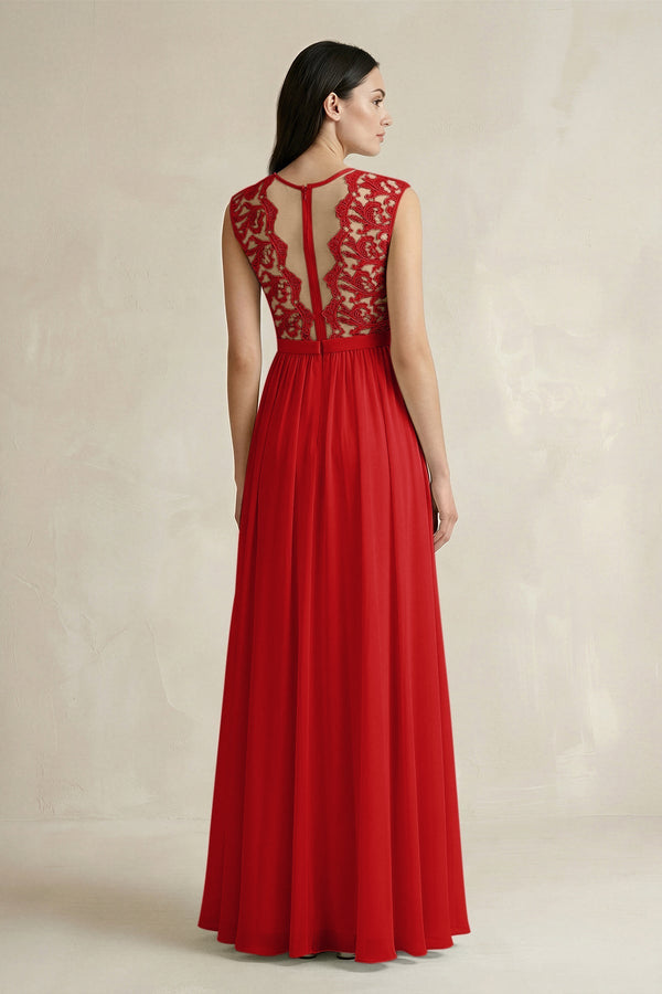 Lace Chiffon A - Line Round Neck Bridesmaid Dress in Ruby Red - SHE IS ME Bridesmaid Dresses