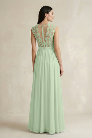 Lace Chiffon A - Line Round Neck Bridesmaid Dress in Sage - SHE IS ME Bridesmaid Dresses