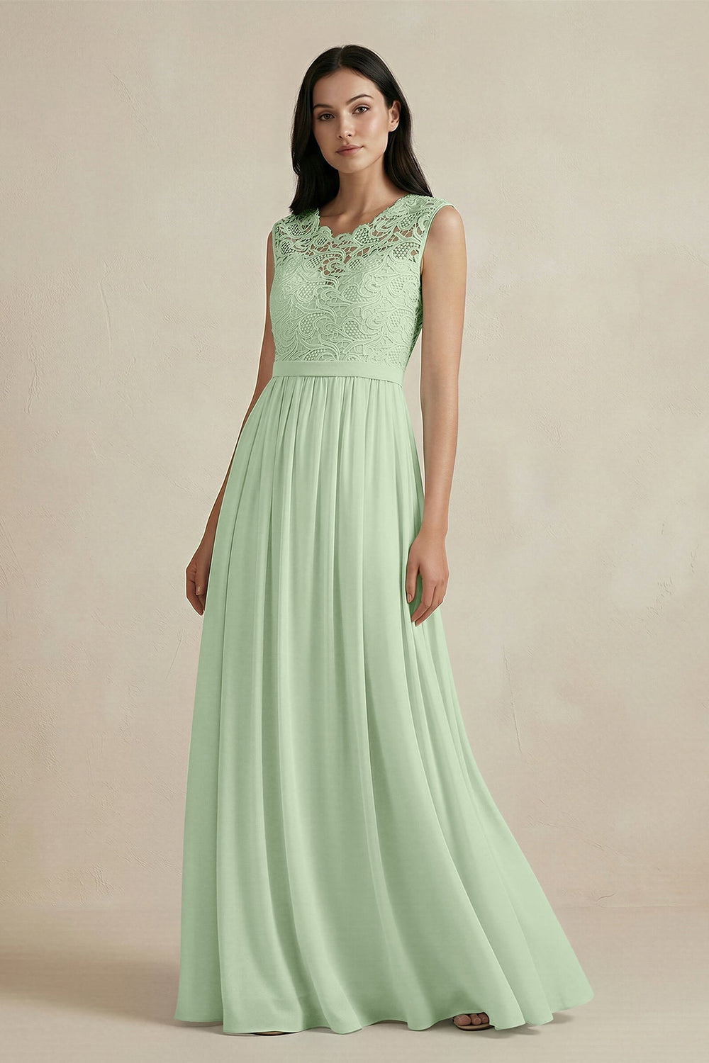 Lace Chiffon A - Line Round Neck Bridesmaid Dress in Sage - KISS BRIDAL Bridesmaid Dresses