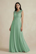 Lace Chiffon A - Line Round Neck Bridesmaid Dress in Sea Glass - SHE IS ME Bridesmaid Dresses