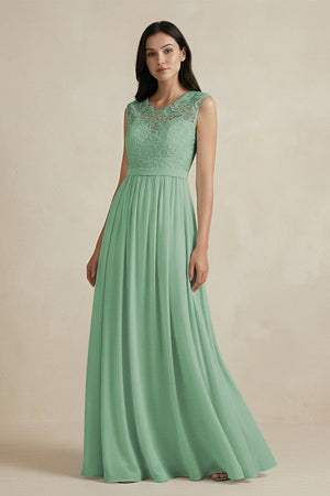 Lace Chiffon A - Line Round Neck Bridesmaid Dress in Sea Glass - SHE IS ME Bridesmaid Dresses