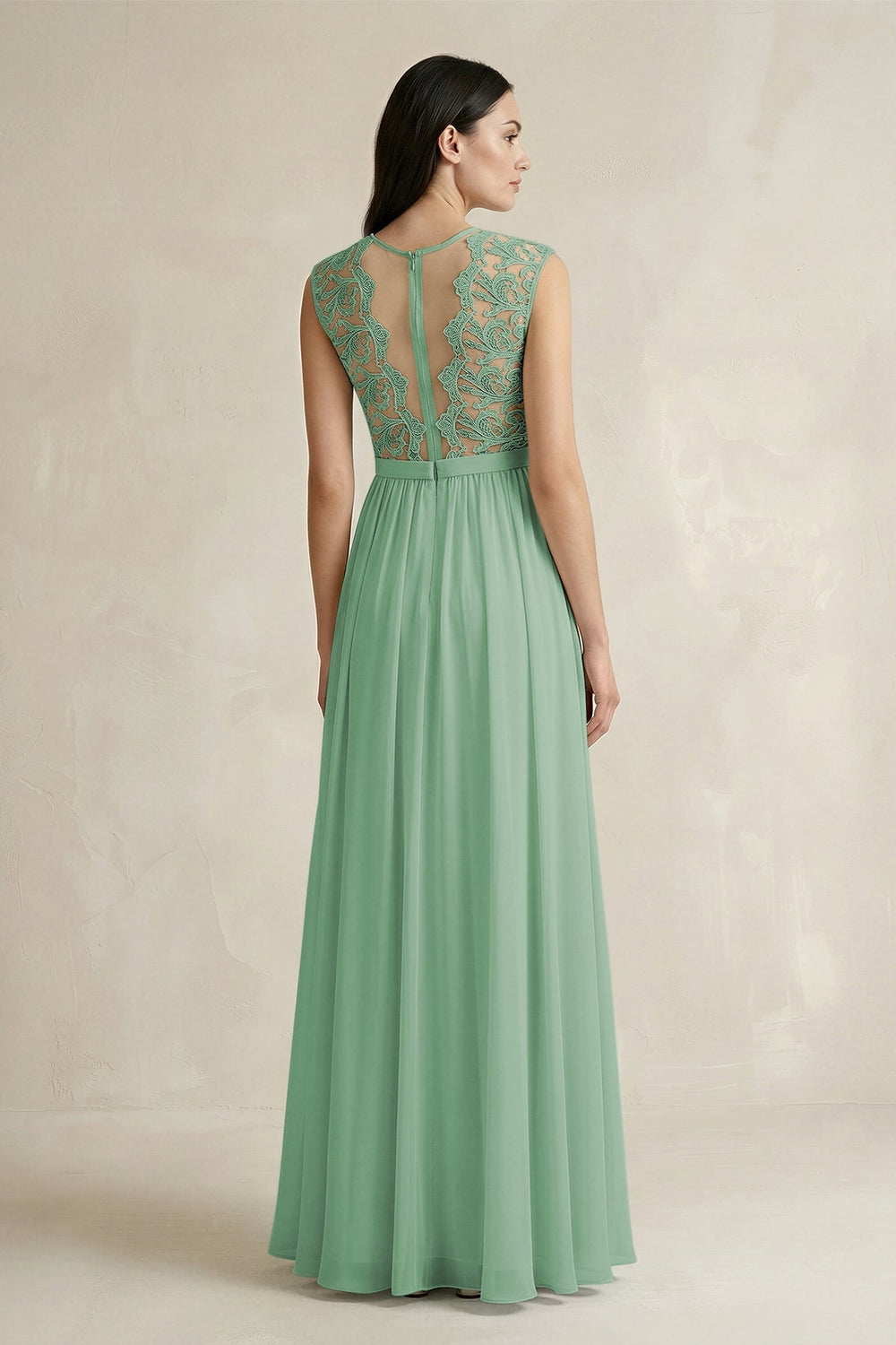 Lace Chiffon A - Line Round Neck Bridesmaid Dress in Sea Glass - KISS BRIDAL Bridesmaid Dresses