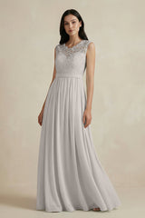 Lace Chiffon A - Line Round Neck Bridesmaid Dress in Silver - KISS BRIDAL Bridesmaid Dresses