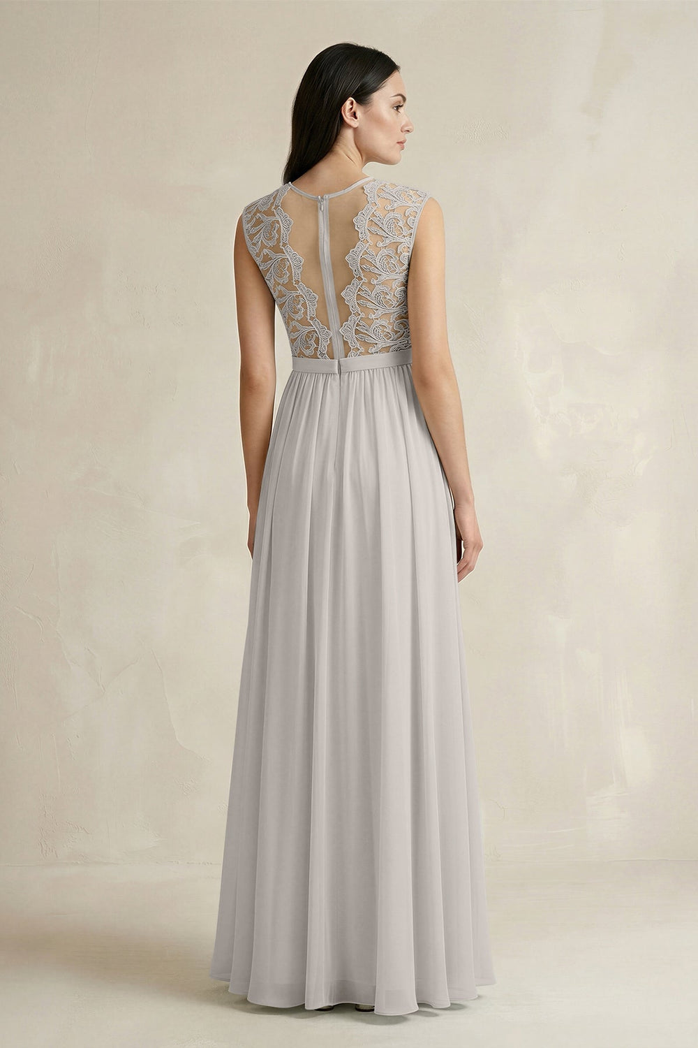 Lace Chiffon A - Line Round Neck Bridesmaid Dress in Silver - KISS BRIDAL Bridesmaid Dresses