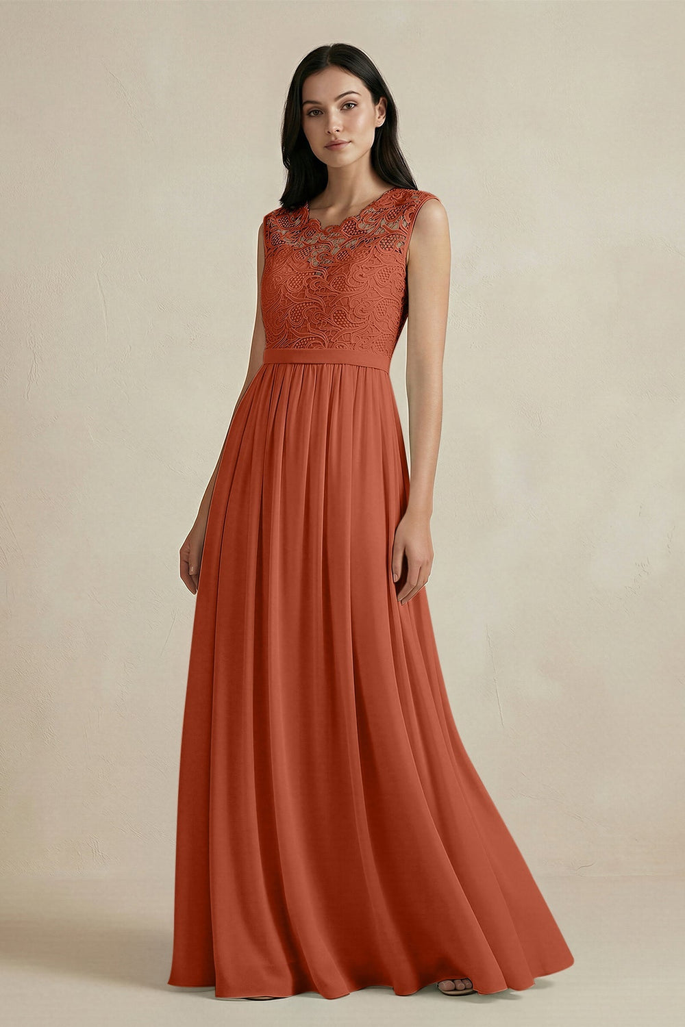 Lace Chiffon A - Line Round Neck Bridesmaid Dress in Spice - KISS BRIDAL Bridesmaid Dresses