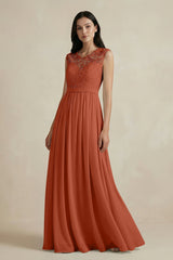 Lace Chiffon A - Line Round Neck Bridesmaid Dress in Spice - KISS BRIDAL Bridesmaid Dresses