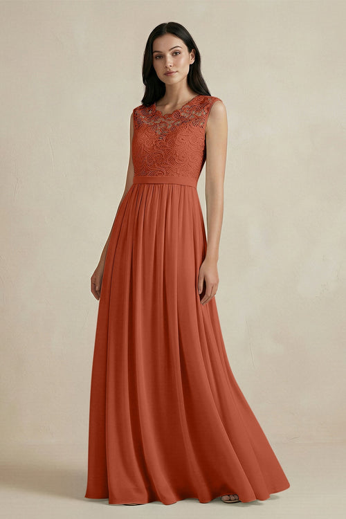 Lace Chiffon A - Line Round Neck Bridesmaid Dress in Spice - SHE IS ME Bridesmaid Dresses