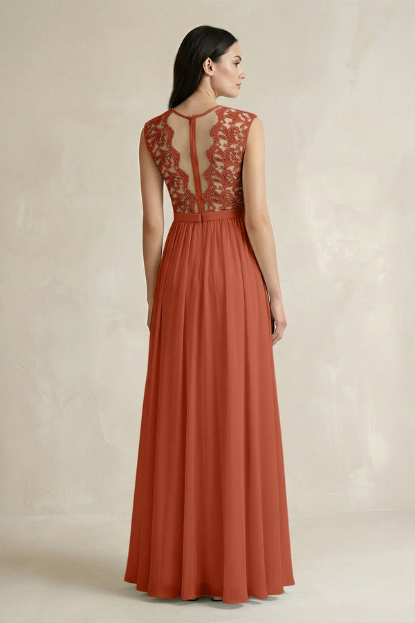Lace Chiffon A - Line Round Neck Bridesmaid Dress in Spice - SHE IS ME Bridesmaid Dresses