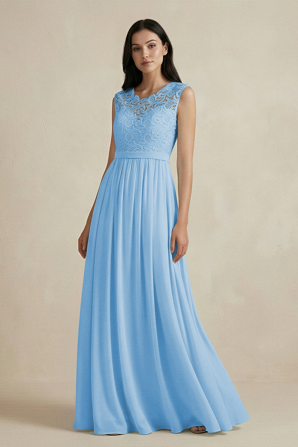 Lace Chiffon A - Line Round Neck Bridesmaid Dress in Steel Blue - KISS BRIDAL Bridesmaid Dresses