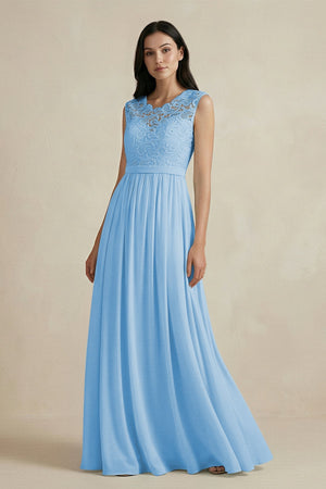 Lace Chiffon A - Line Round Neck Bridesmaid Dress in Steel Blue - SHE IS ME Bridesmaid Dresses