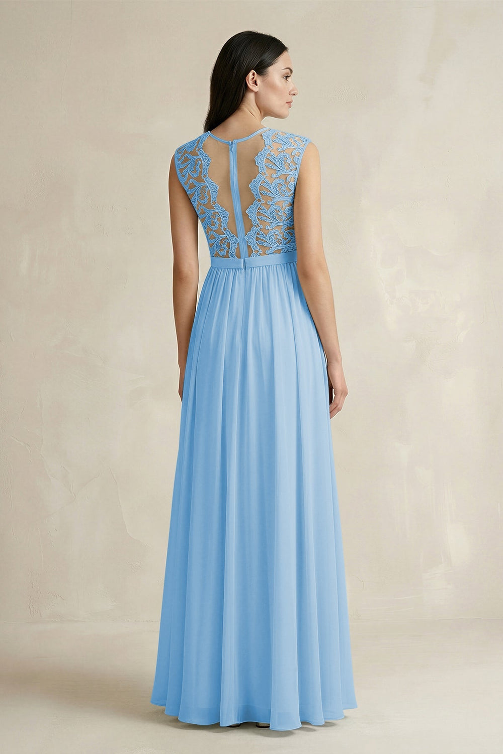 Lace Chiffon A - Line Round Neck Bridesmaid Dress in Steel Blue - KISS BRIDAL Bridesmaid Dresses