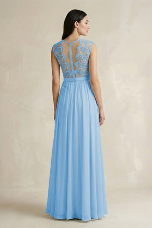 Lace Chiffon A - Line Round Neck Bridesmaid Dress in Steel Blue - SHE IS ME Bridesmaid Dresses