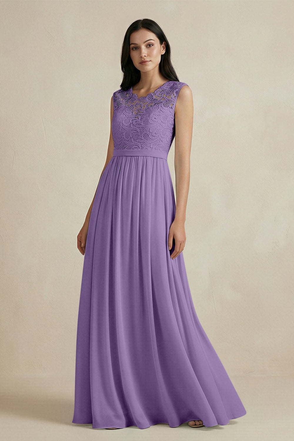 Lace Chiffon A - Line Round Neck Bridesmaid Dress in Tahiti - KISS BRIDAL Bridesmaid Dresses