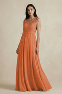 Lace Chiffon A - Line Round Neck Bridesmaid Dress in Terracotta - SHE IS ME Bridesmaid Dresses