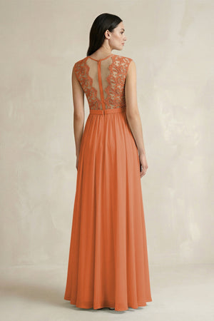Lace Chiffon A - Line Round Neck Bridesmaid Dress in Terracotta - SHE IS ME Bridesmaid Dresses