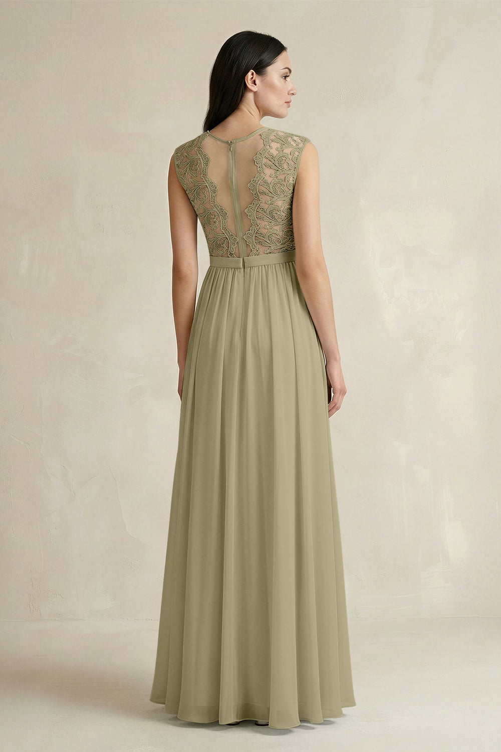 Lace Chiffon A - Line Round Neck Bridesmaid Dress in Thyme - KISS BRIDAL Bridesmaid Dresses