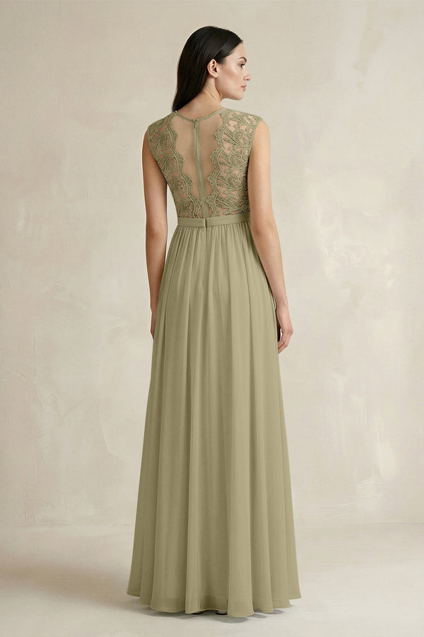 Lace Chiffon A - Line Round Neck Bridesmaid Dress in Thyme - SHE IS ME Bridesmaid Dresses
