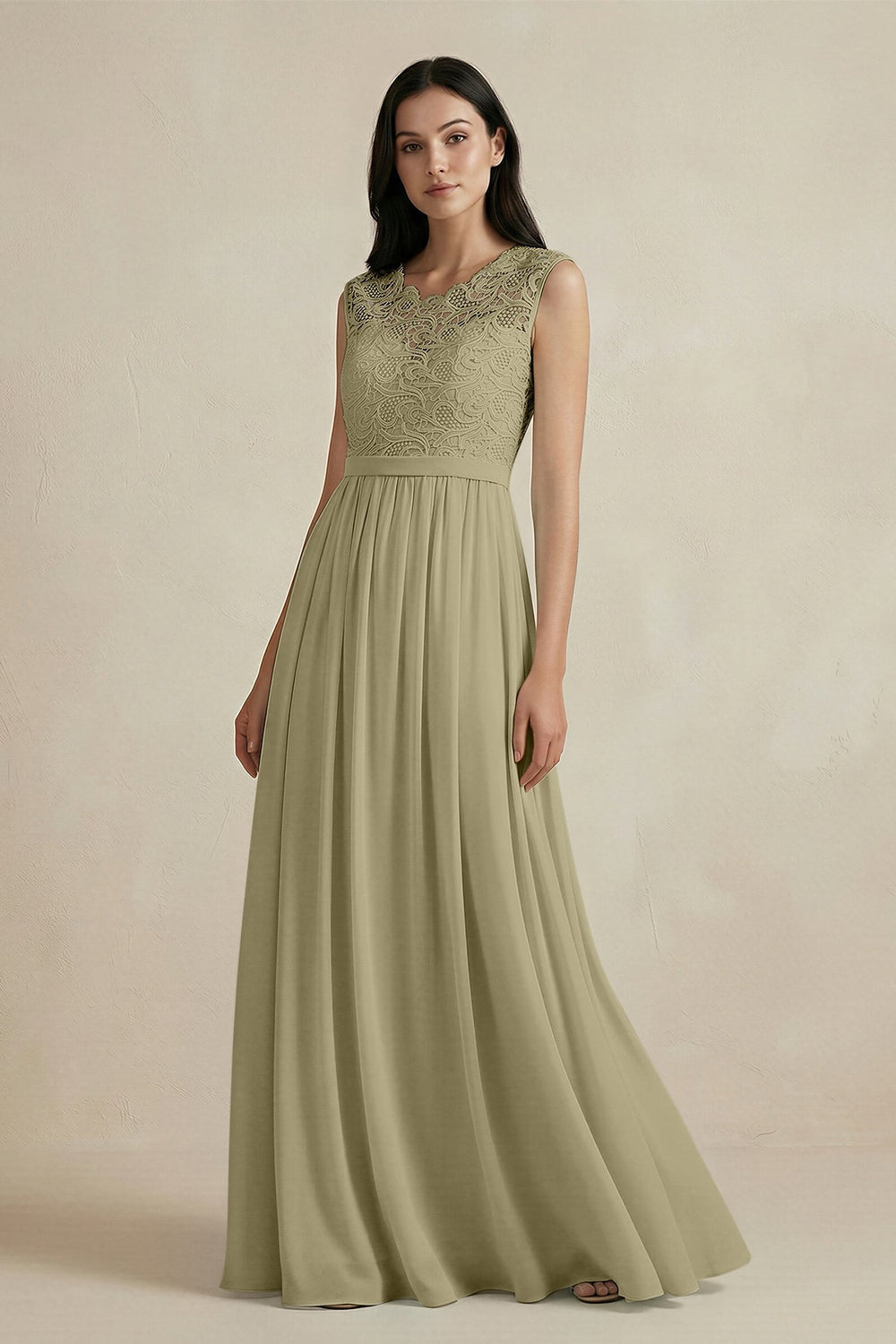 Lace Chiffon A - Line Round Neck Bridesmaid Dress in Thyme - KISS BRIDAL Bridesmaid Dresses