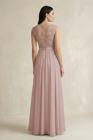 Lace Chiffon A-Line Round Neck Bridesmaid Dress in Toffee (2) | KISSBRIDAL