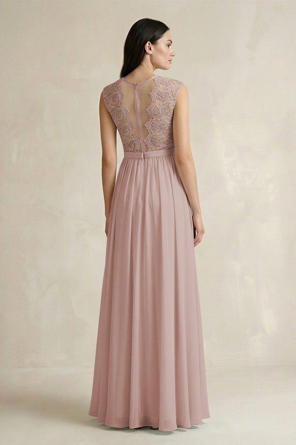 Lace Chiffon A-Line Round Neck Bridesmaid Dress in Toffee (2) | KISSBRIDAL