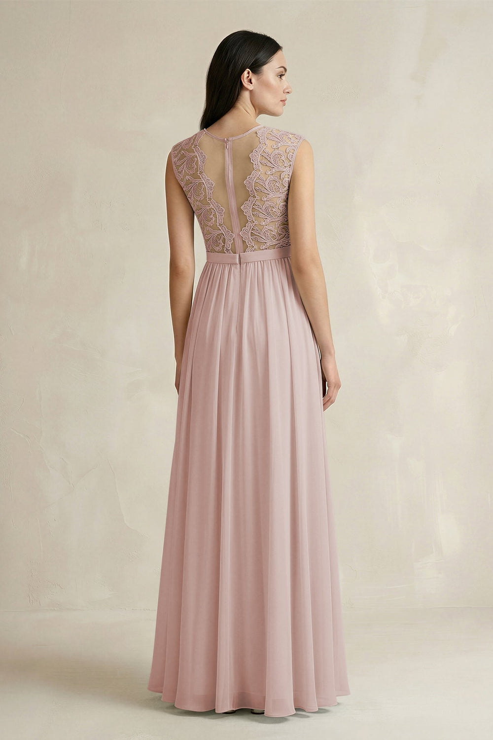 Lace Chiffon A - Line Round Neck Bridesmaid Dress in Toffee - KISS BRIDAL Bridesmaid Dresses