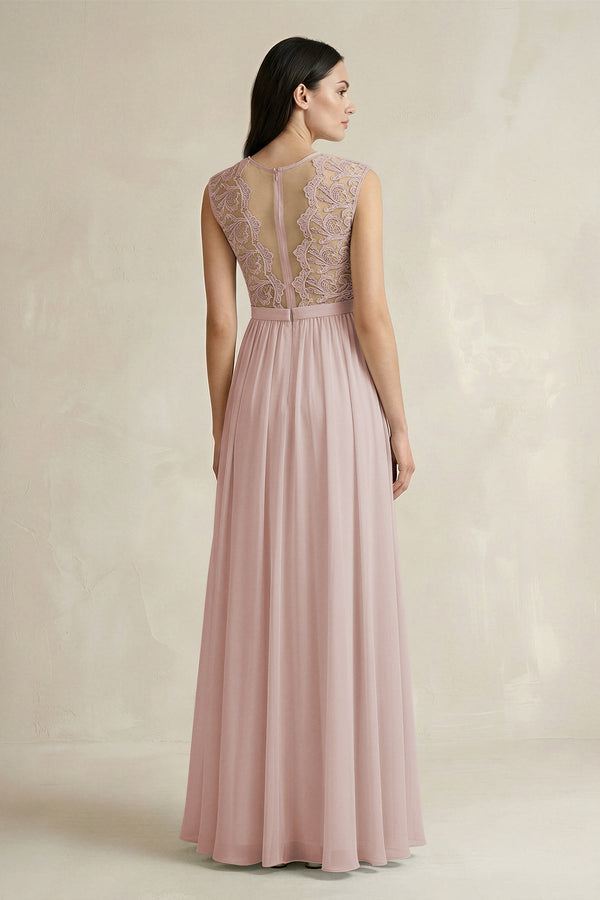Lace Chiffon A - Line Round Neck Bridesmaid Dress in Toffee - SHE IS ME Bridesmaid Dresses